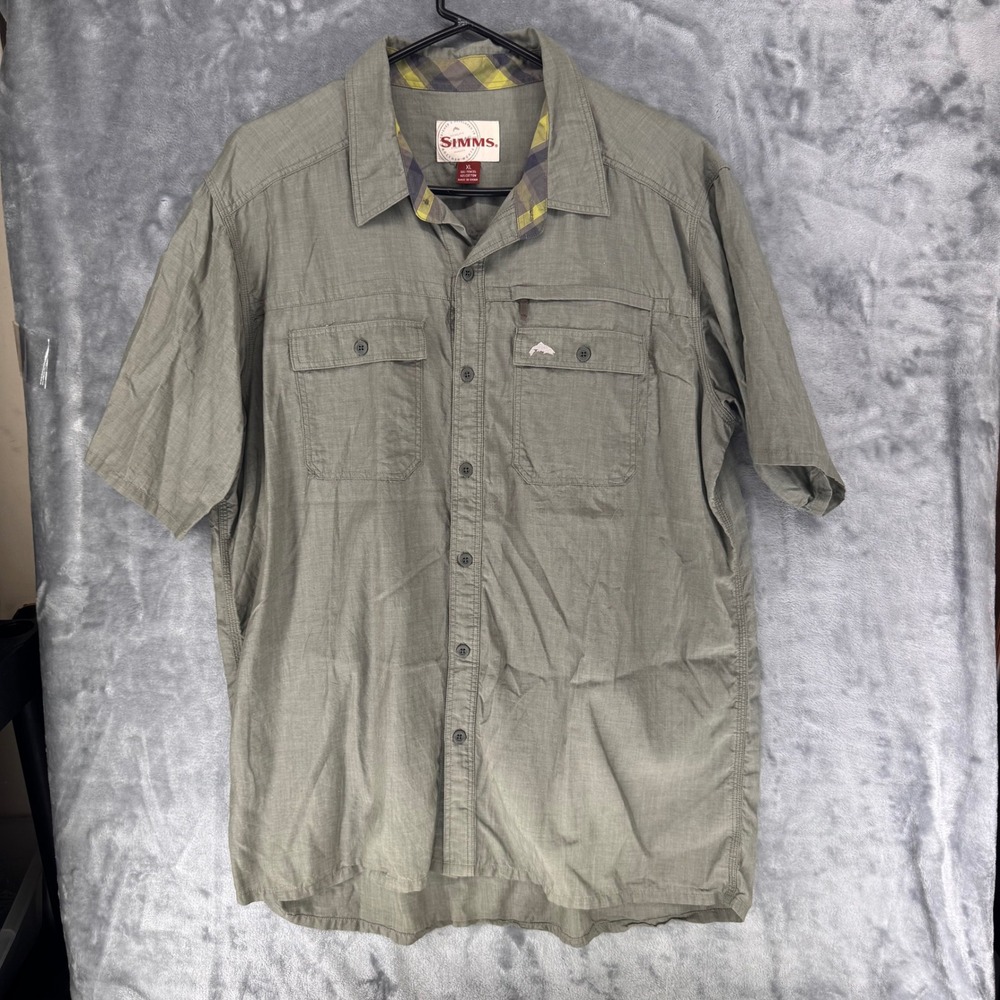 SIMMS‎ Fishing Shirt Mens XL Short Sleeve Button Up Gray Tencel Cotton